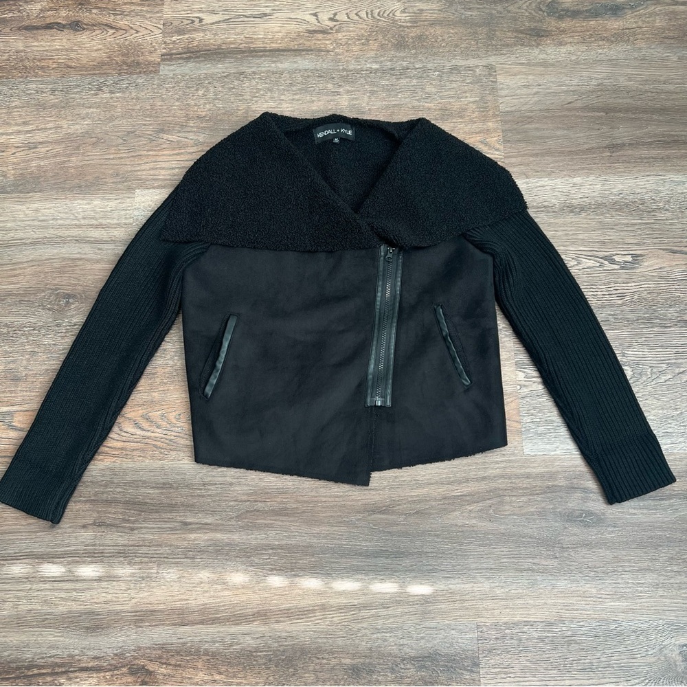Kendall & Kylie Faux Suede Moto Jacket Sherpa Collar Knit Sleeves Black Medium